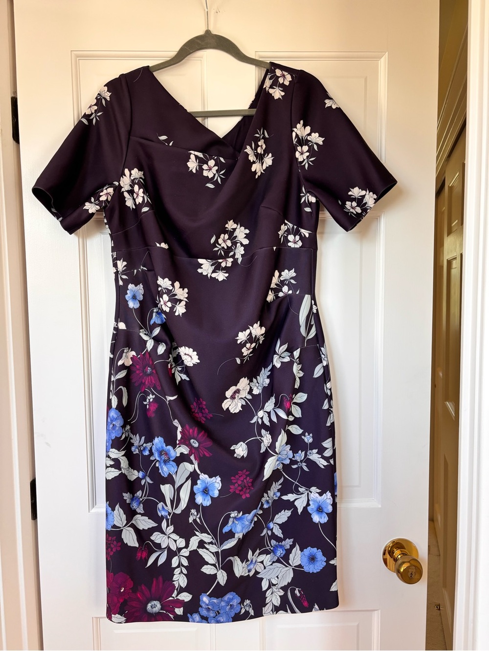 Adrianna Papell Plum Floral Midi Dress with Blue & White Blooms